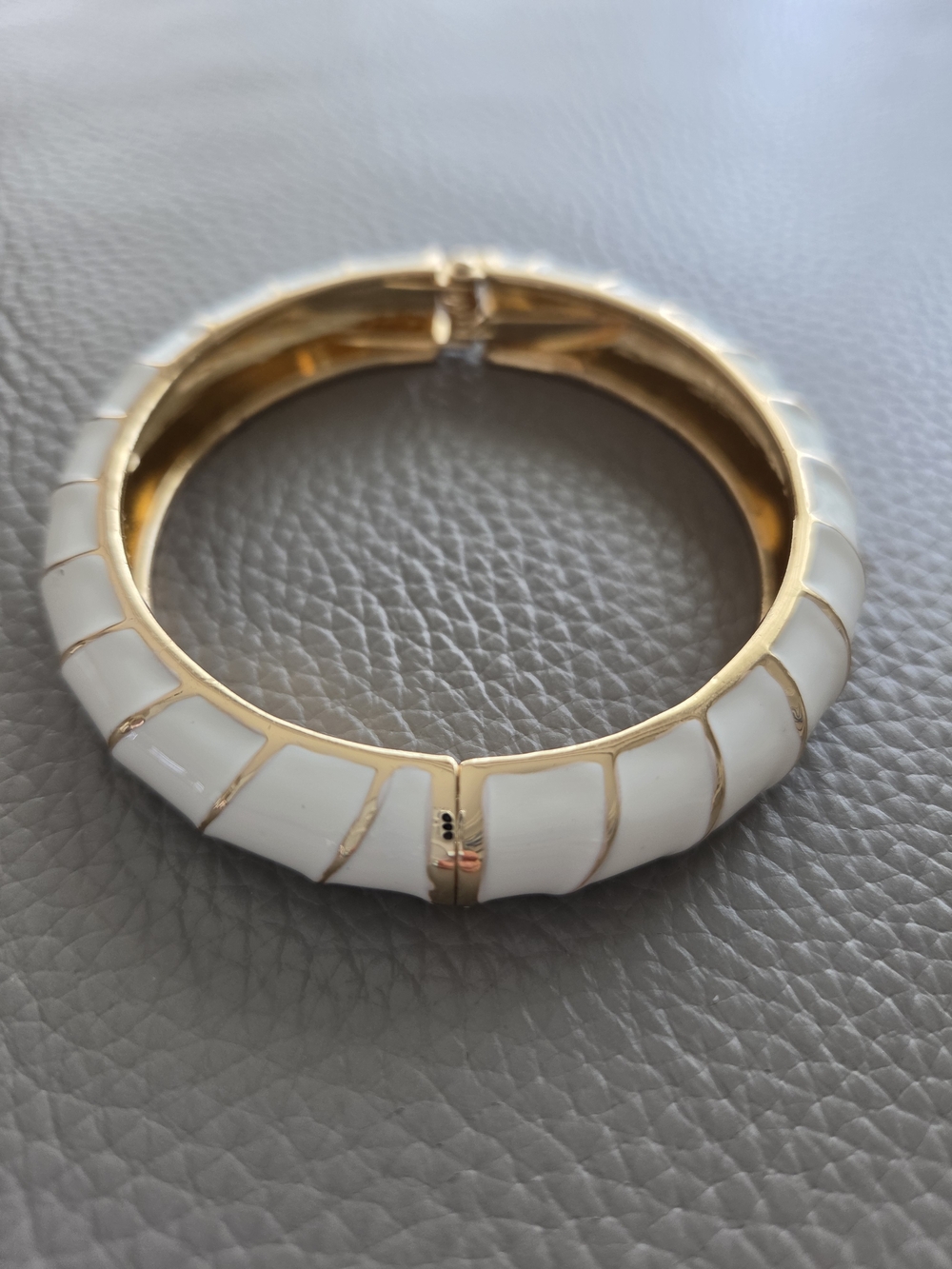 Gold-Tone White Enamel Hinged Bangle Bracelet